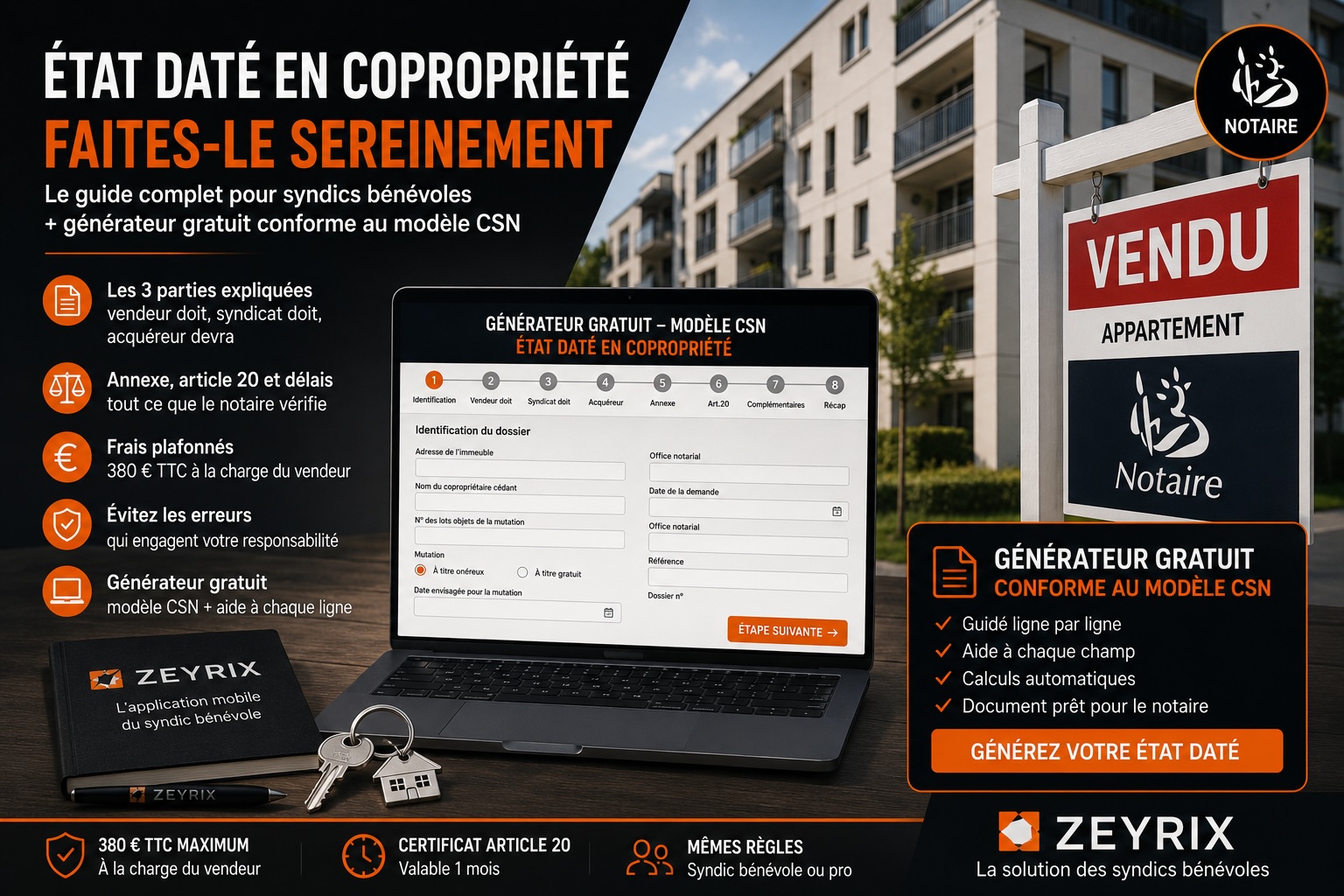 Générez gratuitement votre état daté en copropriété avec le générateur ZEYRIX conforme au modèle CSN.